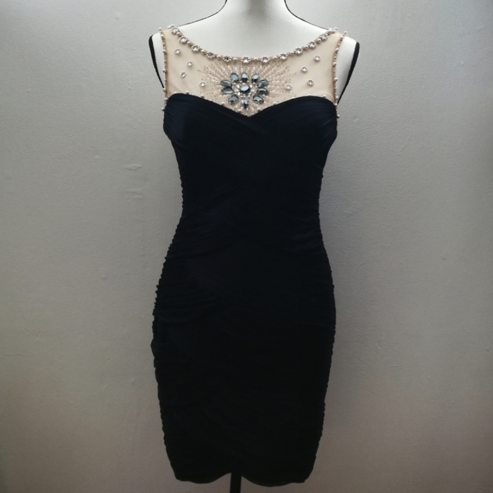 Adrianna Papell Illusion Bodice Ruched Jeweled Sheath Dress - Cocktail Party